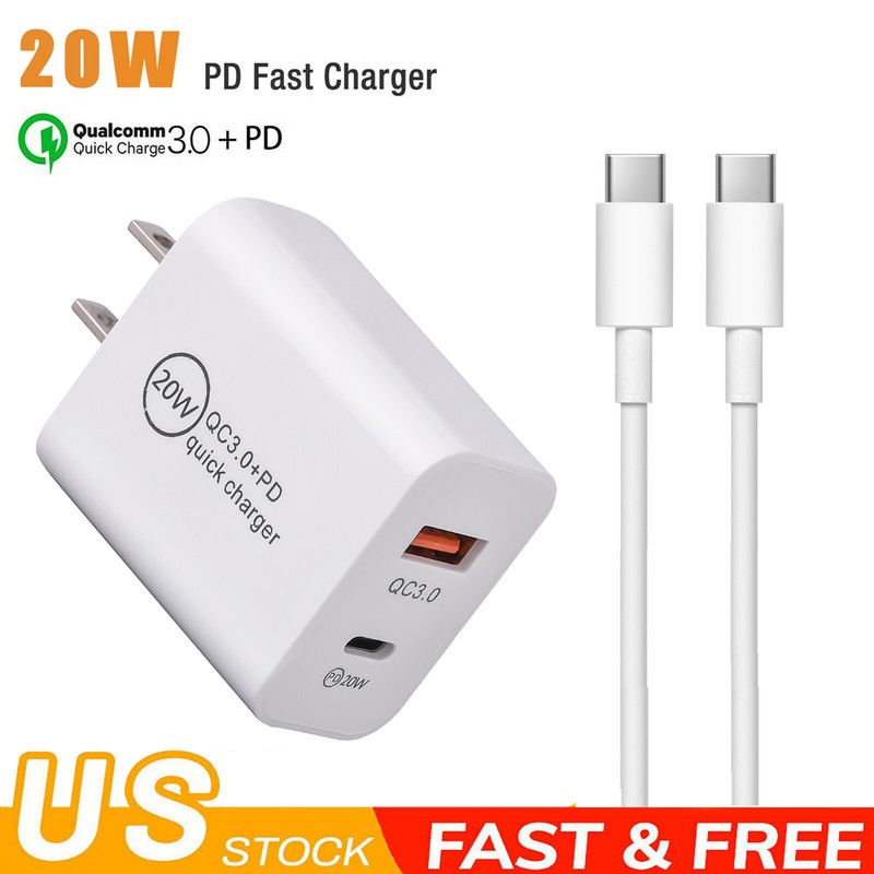 PD 20W Dual Port Charger Block USB-C & USB-A Power Wall Adapter + Cable US Plug