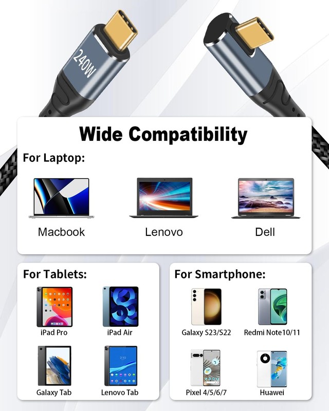 90 Degree Right Angle USB C Cable 6ft, 240W USB C Male to Male Cable, Right A... gallery