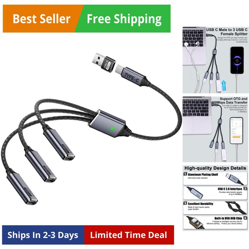 USB C Splitter 1 in 3 Out Cable, USB C Y Splitter 1 Male to 3 Female Charging…