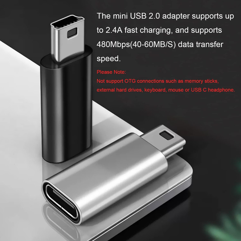 Mini USB 2.0 to USB C Adapter, Black+Silver, 4 Pack | Type C Female to Mini USB gallery