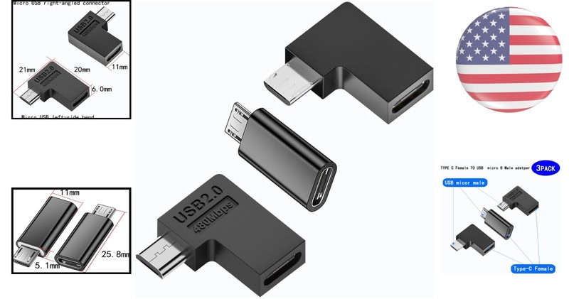 Compact 90-Degree USB-C to Micro USB Adapter - 3-Piece Set in Metallic Finish gallery