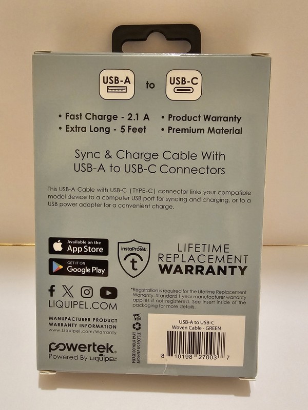 For Android Powertek 5ft USB Cable Fast Charge, Green (NEW) gallery