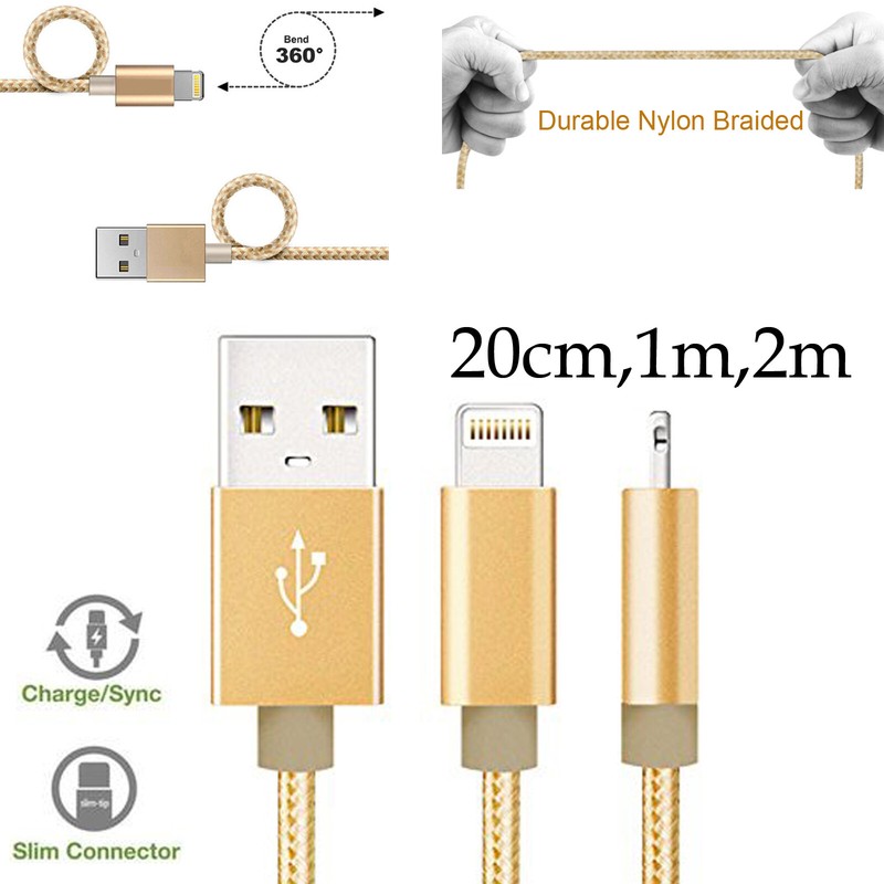 20cm 1m 2m Nylon for Apple iPhone 8 PLUS XS XR 11 12 Pro Max iPad Charger Cable