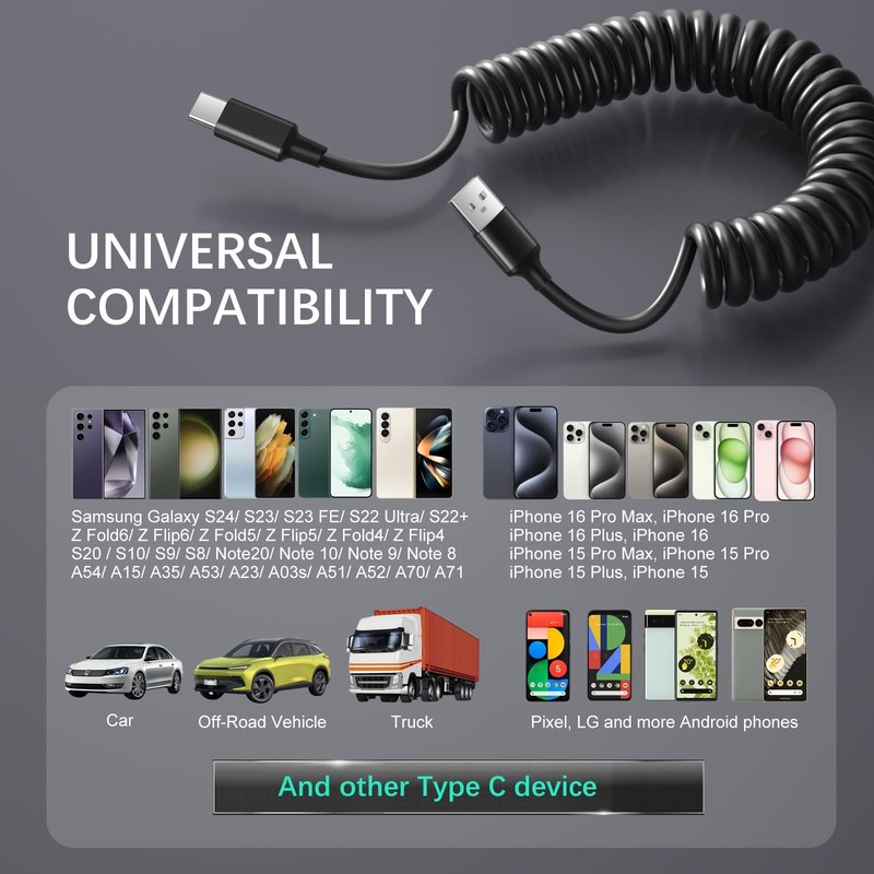 Coiled USB Cable for Car, 3ft Retractable Car Charger Fast Charging Cord 60W ... gallery