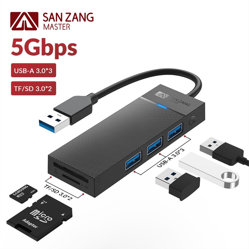 5 Ports USB 3.0 Hub Type- A Adapter SD TF Card Reader Ports Ultra Slim Data Hub