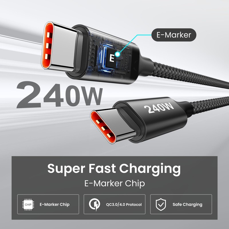 etguuds 240W USB C to USB C Cable 10ft 2 Pack C to C Cable Fast Charging Black gallery