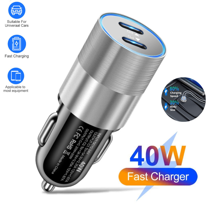 Dual USB C Car Charger 40W Power Adapter PD Type C Cable For iPhone 14/13/12/11