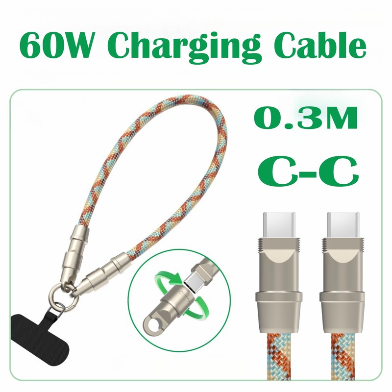 2in1 60W Mobile Phone Short Lanyard Charging Data Cable 0.3m Type C to Type C