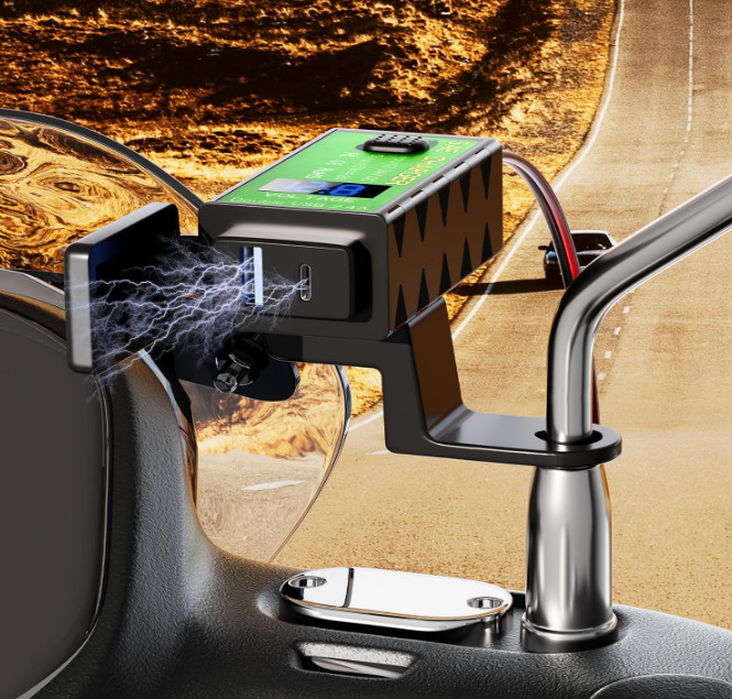 12V/24V Motorcycle Waterproof Phone Charger 4.8A, SAE to USB Adapter + Voltmeter gallery