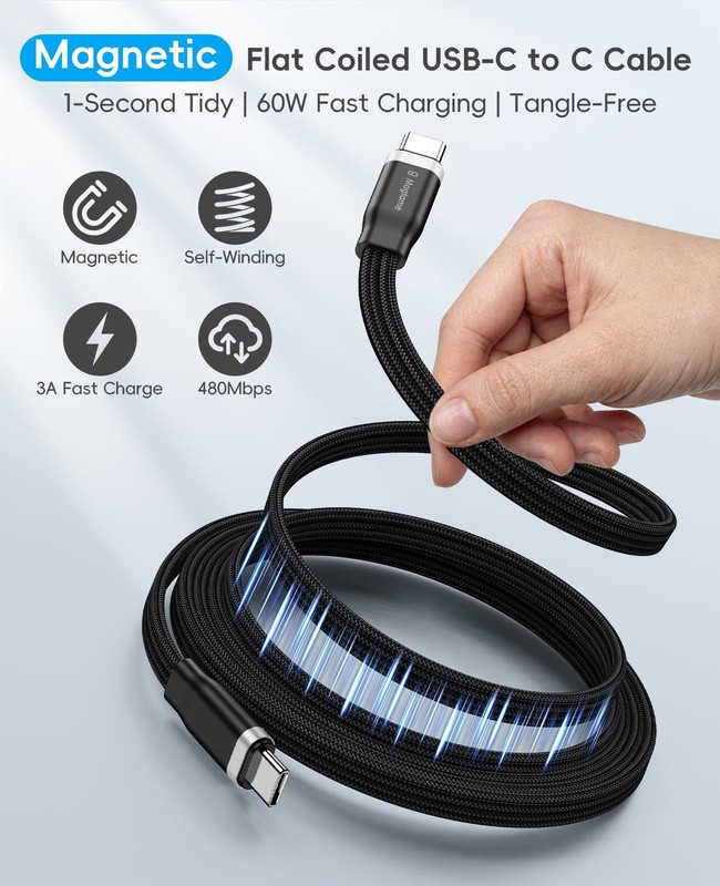 5FT Magnetic Coiled USB to USB Cable, 60W Fast Charging and Data Cord, Windin... gallery