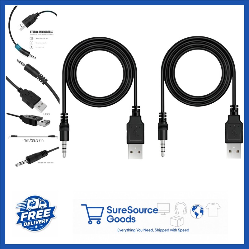 USB to 3.5mm Male AUX Audio Cable 2-Pack for Car Stereo and Music Devices