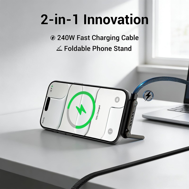2-in-1 Invisible Stand Fast Charging Cable 240W Type-C Braided Fast Charging ... gallery