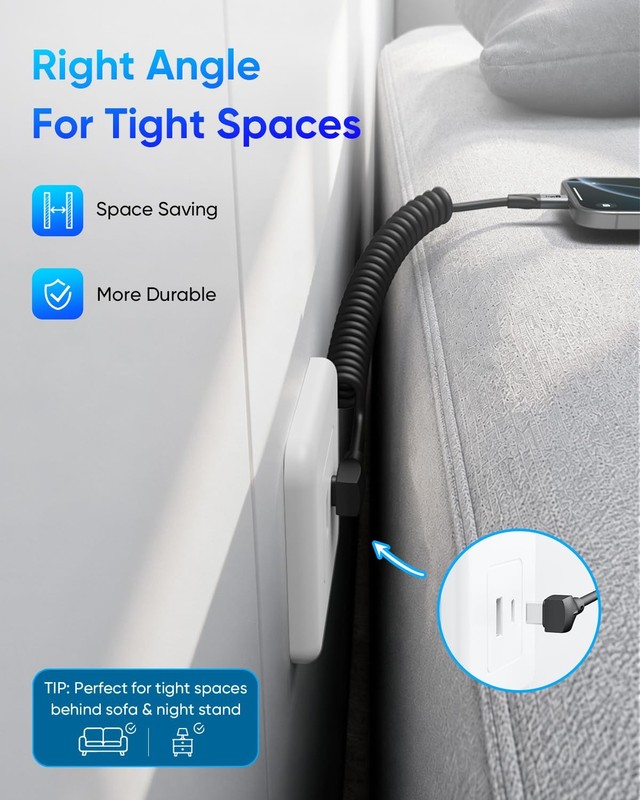 SUNGUY Right Angle USB C Cable, Coiled C Cable 60W Fast 4FT, Grey gallery