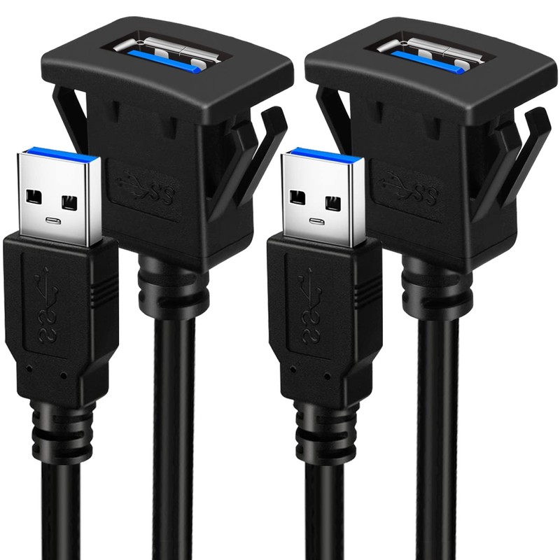 2 PCS 1ft Square USB 3.0 Flush Mount Extension Cable Car Truck Boat Dash