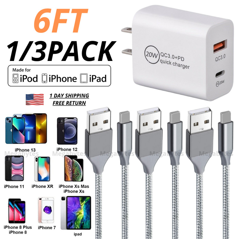 6ft USB Power Cord Adapter Wall Fast Charger Data Cable For iPhone 13 12 11 XR 8