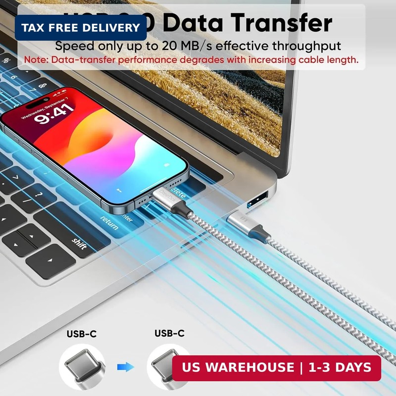20 ft USB C Cable Fast Charging Extra Long 60W, 20 MB/s Data Transfer 20ft USBC gallery