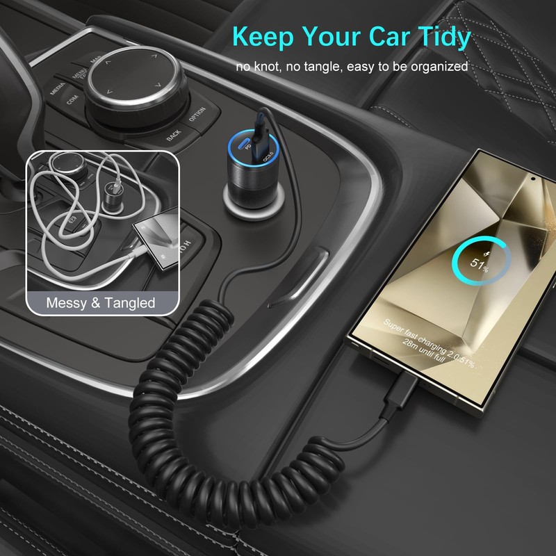 Coiled USB Cable for Car, 3ft Retractable Car Charger Fast Charging Cord 60W ... gallery