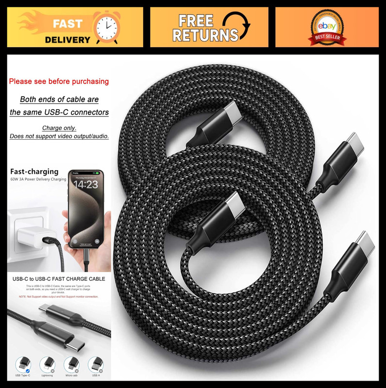60W USB C to USB C Cable 15ft 2Pack - Fast Charging Type-C Charger for iPhone, S