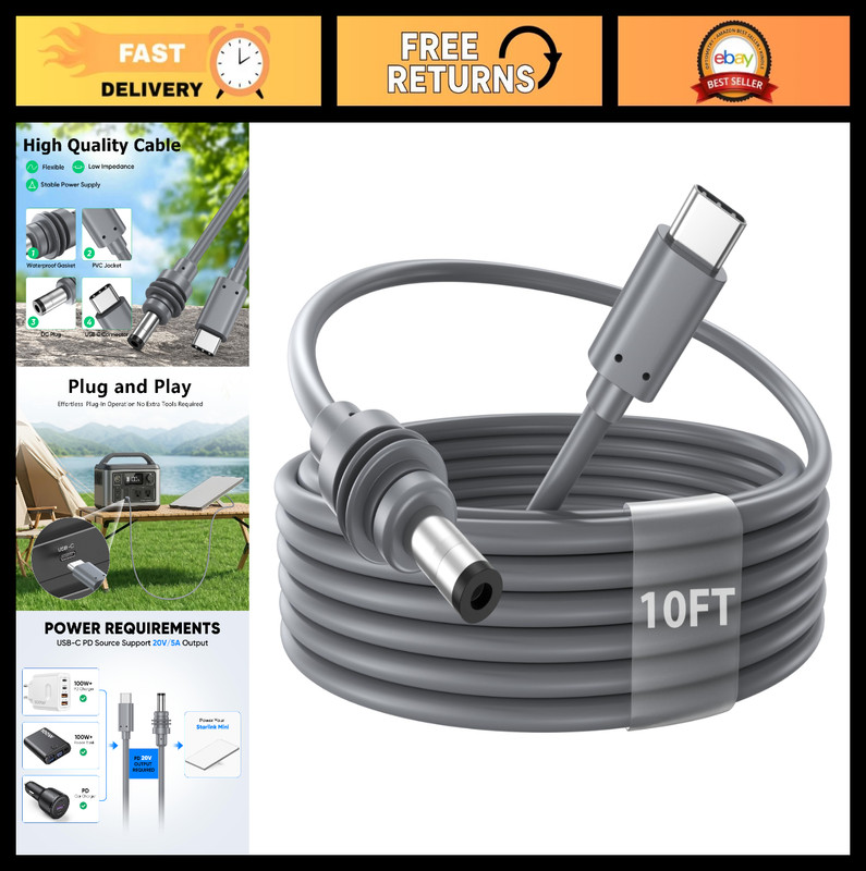 10FT USB C to DC Power Cable 100W, 18AWG Reinforced Type C Barrel Cord, Waterpro
