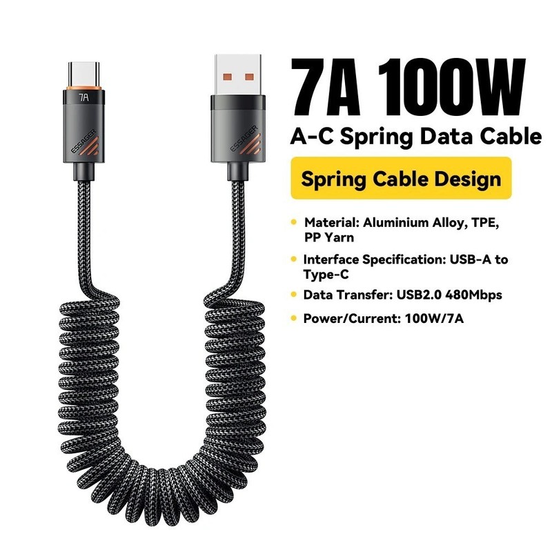 Essager Car Spring Type C Cable For iPhone 16 15 Xiaomi Samsung 100W PD Fast Ch