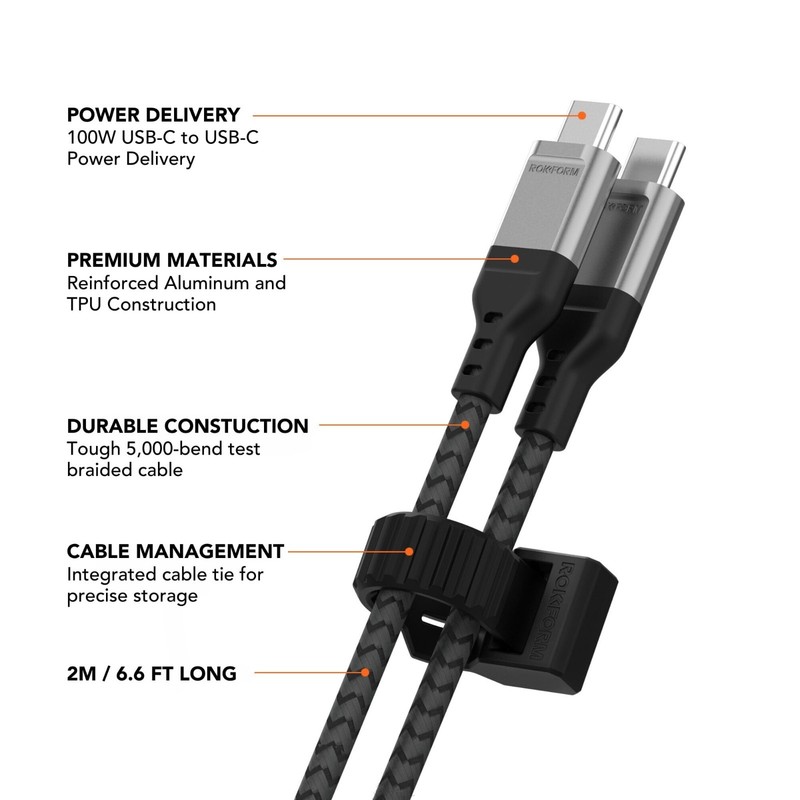 100W USB-C Charging Cable 2m Braided, Integrated Tie, 5000 Bend Tested, Durable gallery