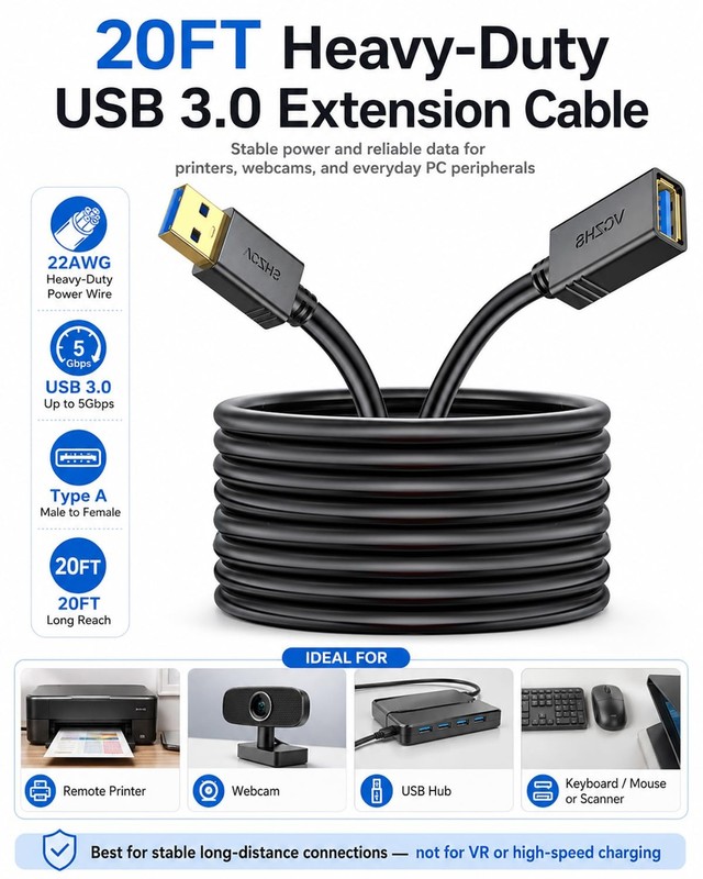 USB 3.0 Extension Cable 20 FT, Heavy-Duty 22AWG Power Wire, USB Extender Cord... gallery