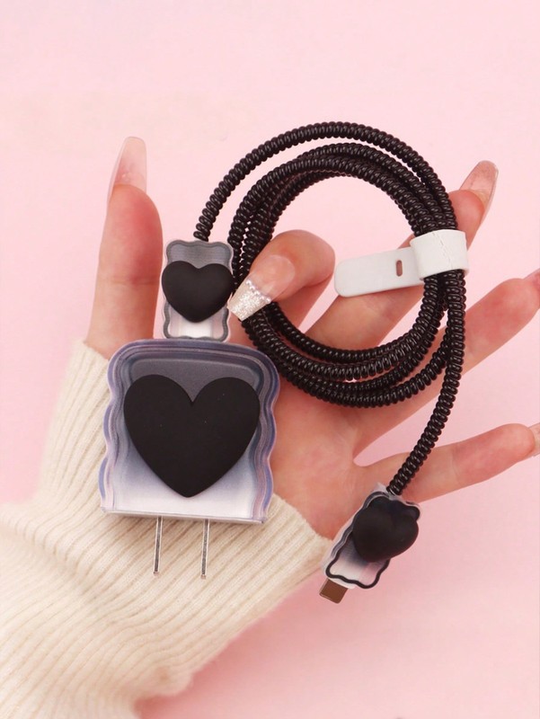 Black Love Heart 5-Piece Cable Protector Set With Storage Pouch gallery