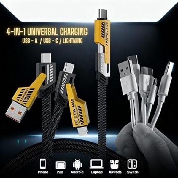 4-in-1 65W USB C Fast Charging Cable 27W PD Nylon Braided 4ft for iPhone Android
