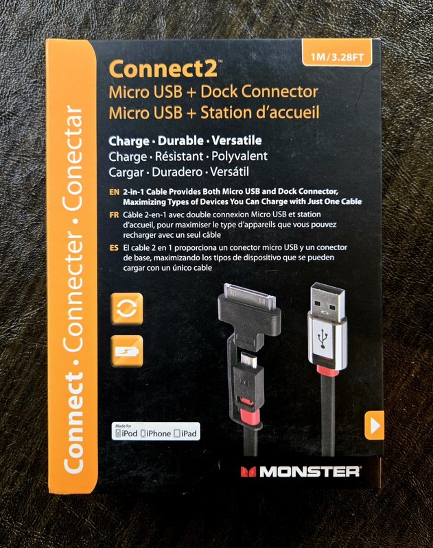 Monster Connect2 2-in-1 Cable Micro USB & Apple 30-Pin Dock Connector NIB NOS