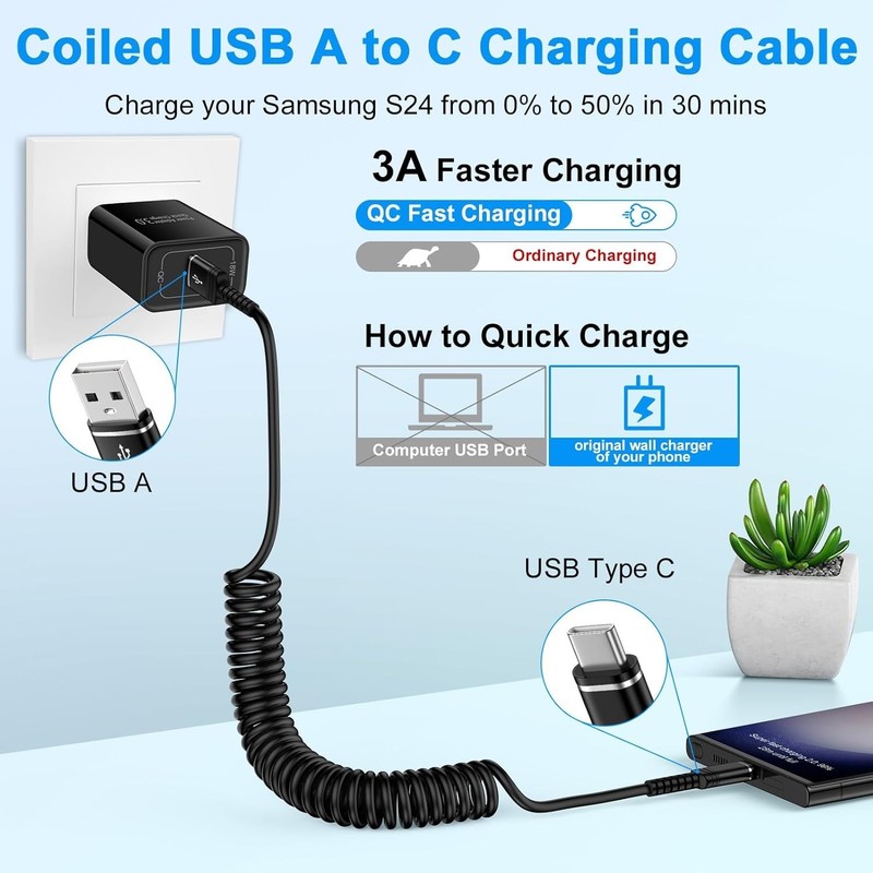 Fast Charger Cable Coiled USB C for Car 3FT Android Auto Type A to C Phone Power gallery
