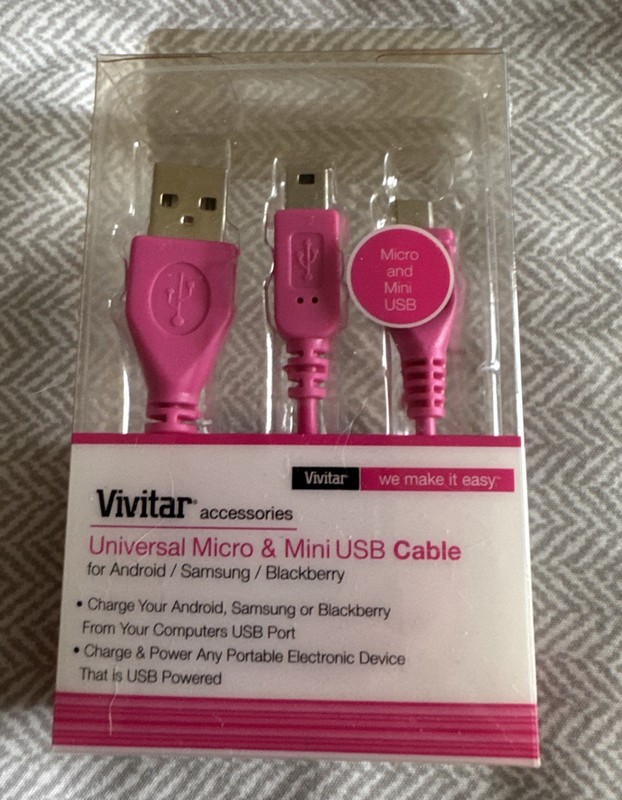 Pink Vivitar Universal Micro & Mini USB Cable Android Samsung And BlackBerry