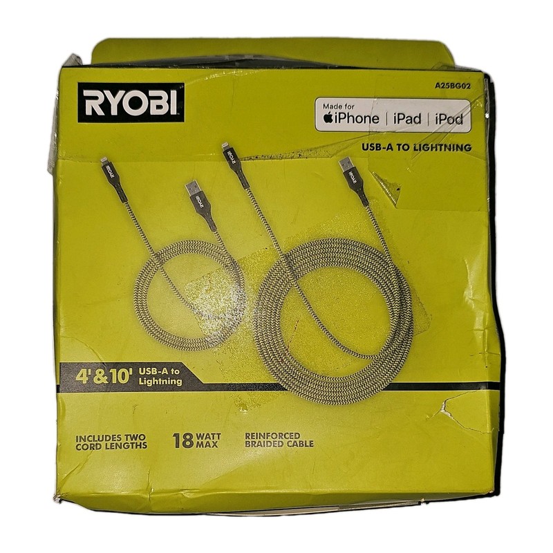 RYOBI USB-A to Reinforced Braided Cables 4ft & 10ft Green A25BG02 [b1]