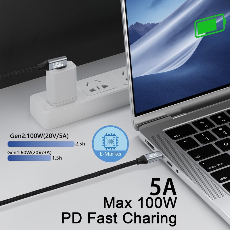 90 Degree Elbow USB C to USB C Cable, 10Gbps USB3.2 Gen2 Type C 100W Nylon Br... gallery
