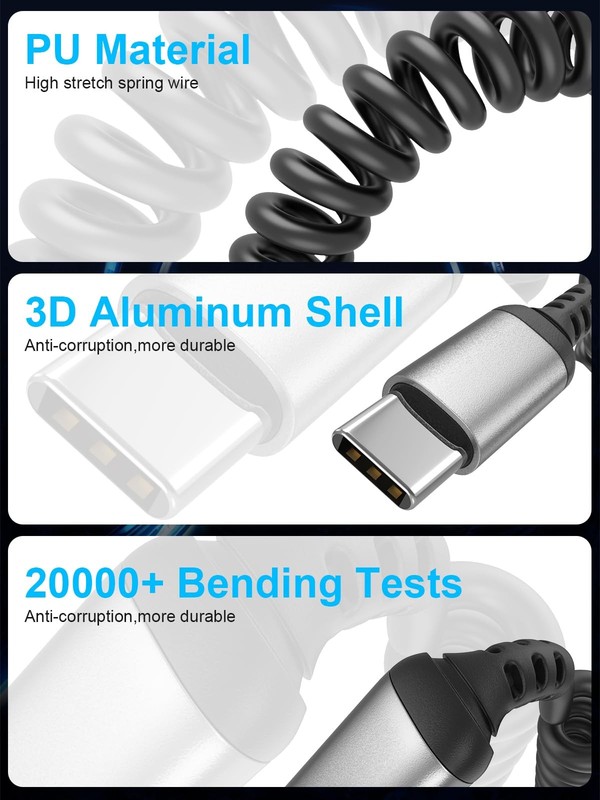 Coiled USB C to C Cable 3FT, 2 Pack Retractable C Black gallery