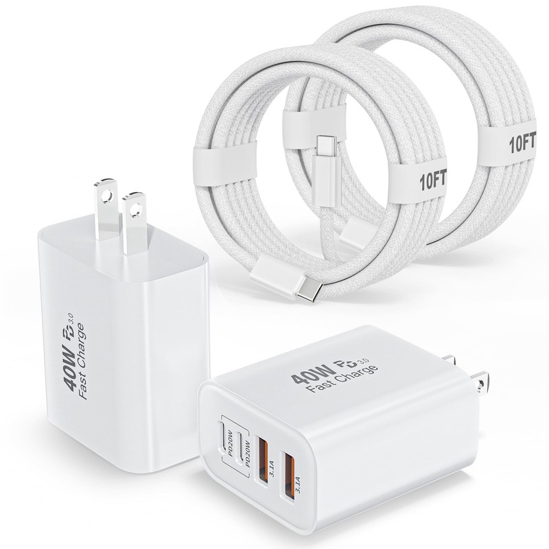 10Foot iPhone 17 16 15 Pro Max Charger Fast Charging,40W 2Pack 4 Port PD&AC U…