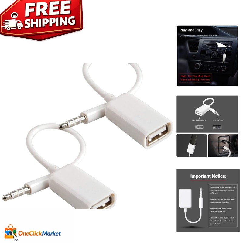 AUX to USB Adapter - 3.5mm Male to USB 2.0 Female Converter for Cars (2-Pack)