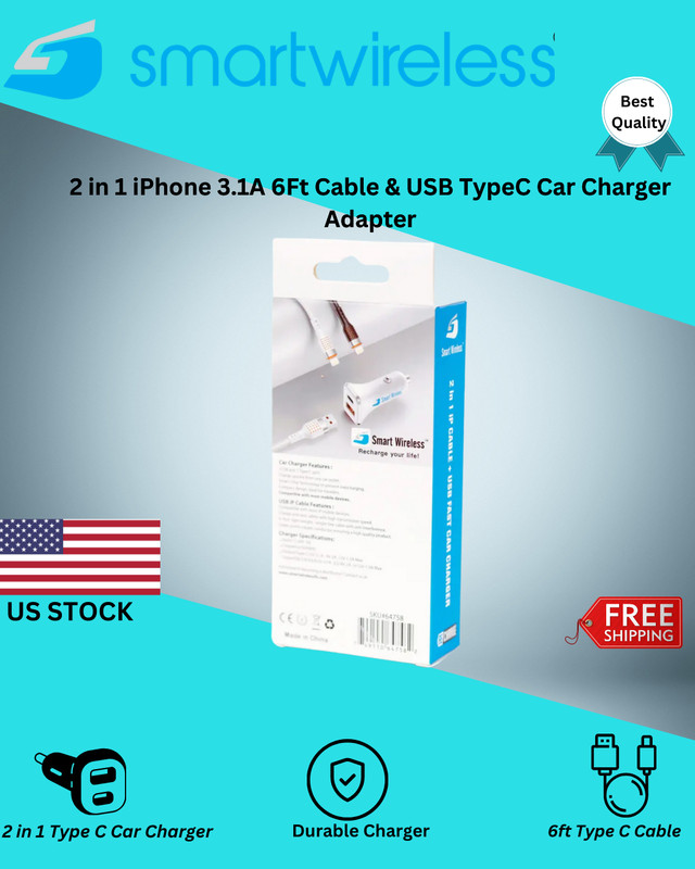 Pack of 12 2 in 1 iPhone 3.1A 6Ft Cable & USB TypeC Car Charger Adapter Lot gallery