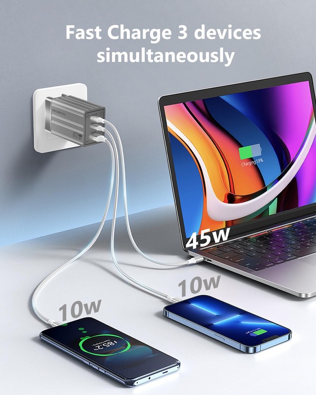 67W USB C Charger 3-Port GaN Fast Charging Adapter - Compact with 5FT Cable gallery