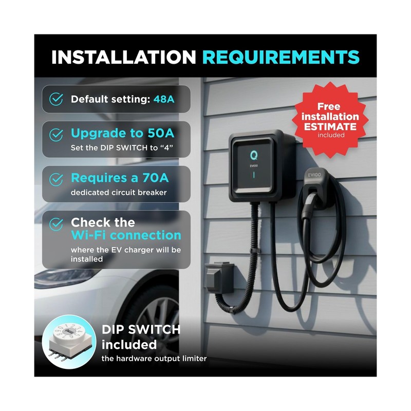 EVIQO Level 2 EV Charger, 40-48 Amp, J1772 for Non-Tesla EVs, 25ft Cable, WiF... gallery