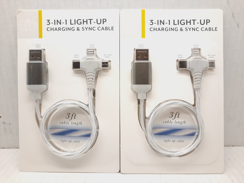 2 Packs New Vivitar 3-in-1 Light-up charging Sync cable USB-C Micro Apple 8-pin