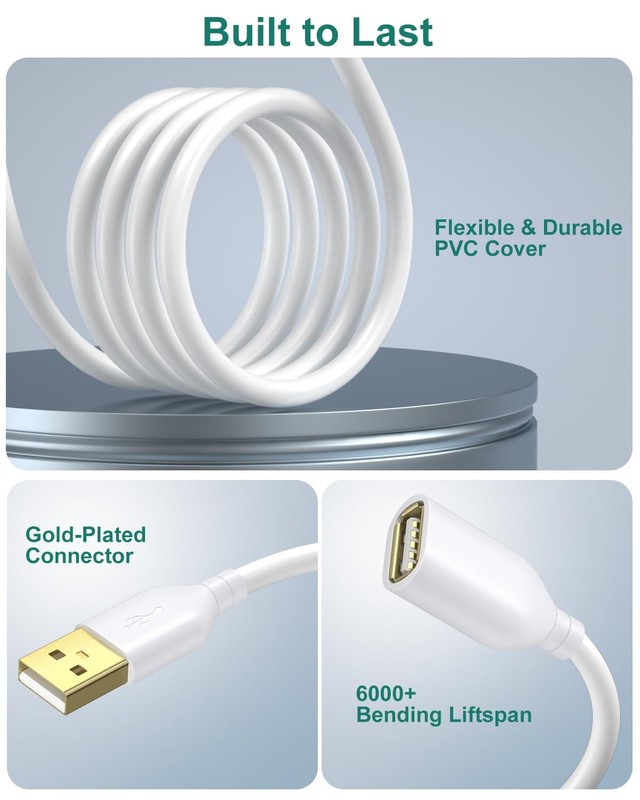 USB Extension Cable 10ft Type A Male to Female USB 2.0 Extender Cord White gallery