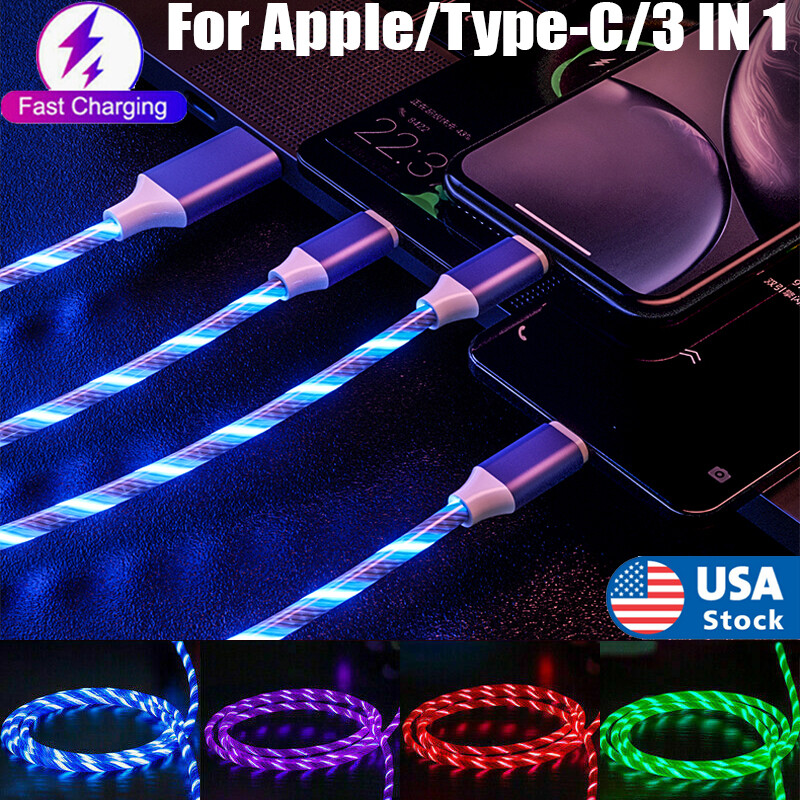 3 in 1 LED Light Up Fast Charging Charger Cable USB For iPhone Android Type C