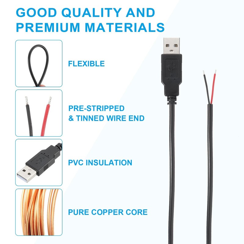 6.56Ft USB 2.0 Male to 2 Pin Bare Wire Pigtail Cable, 3pcs 22AWG Power Cords ... gallery