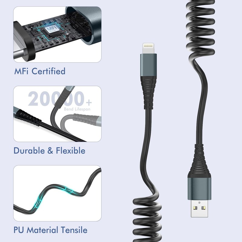 Heartbeats Coiled Lightning Cable 3FT 2 Pack MFi Certified Car 3FT, Black gallery