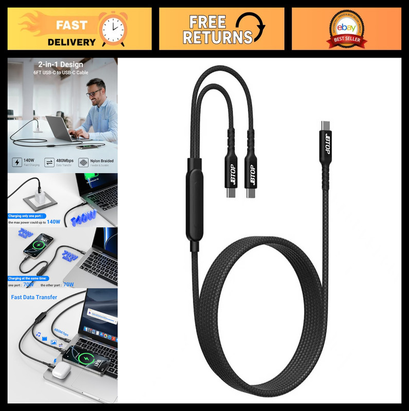 6ft USB C Cable 140W Fast Charging, 2-in-1 Type-C to USB C for iPhone, MacBook,