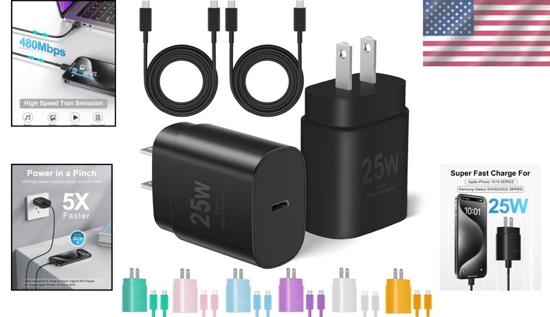Universal 25W Fast Charger Bundle: 2 Pack USB C Charger & Long Cables (10FT/6FT) gallery
