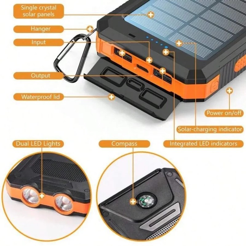 10000mAh Solar Power Bank Dual USB & USB-C Output Charger For Outdoor Adventures gallery