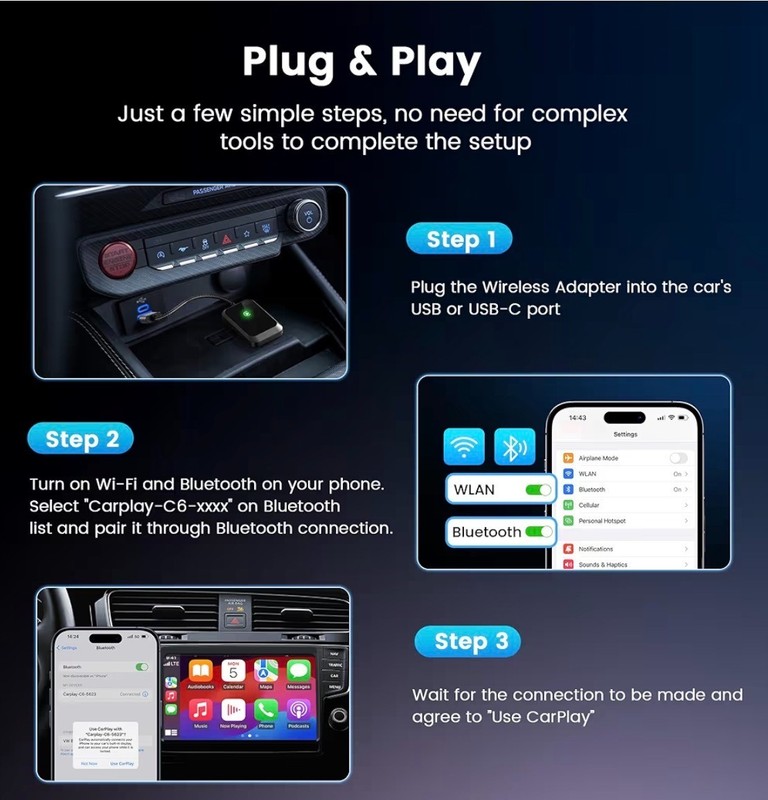 Lincisoon Wireless CarPlay Adapter for iPhone USB-C Plug & Play iOS 10+ gallery
