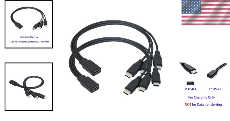 Black USB Type-C Splitter Charging Cable - Charge 3 Devices, 11.8 Inches gallery