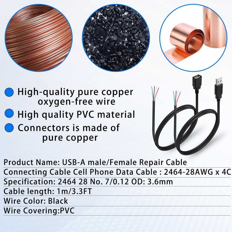 4 PCS USB 2.0 Female Plug 4Pin Bare Wire Power Data DIY Pigtail Cable 3.3FT gallery